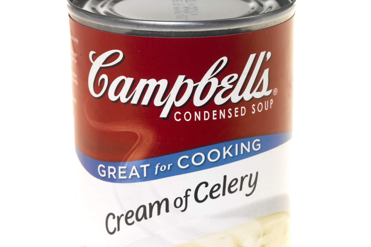 A can of Campbell's creamy of celery soup.