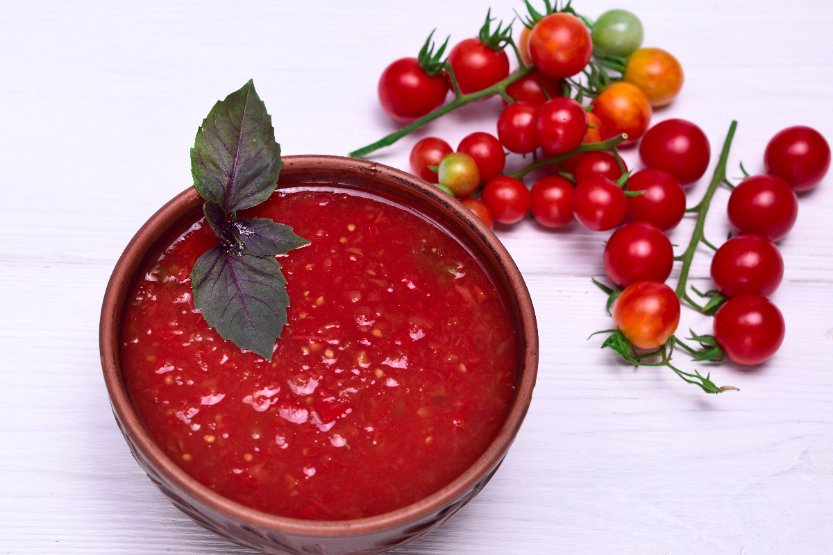 A delicious bowl of chilled Italian gazpacho.