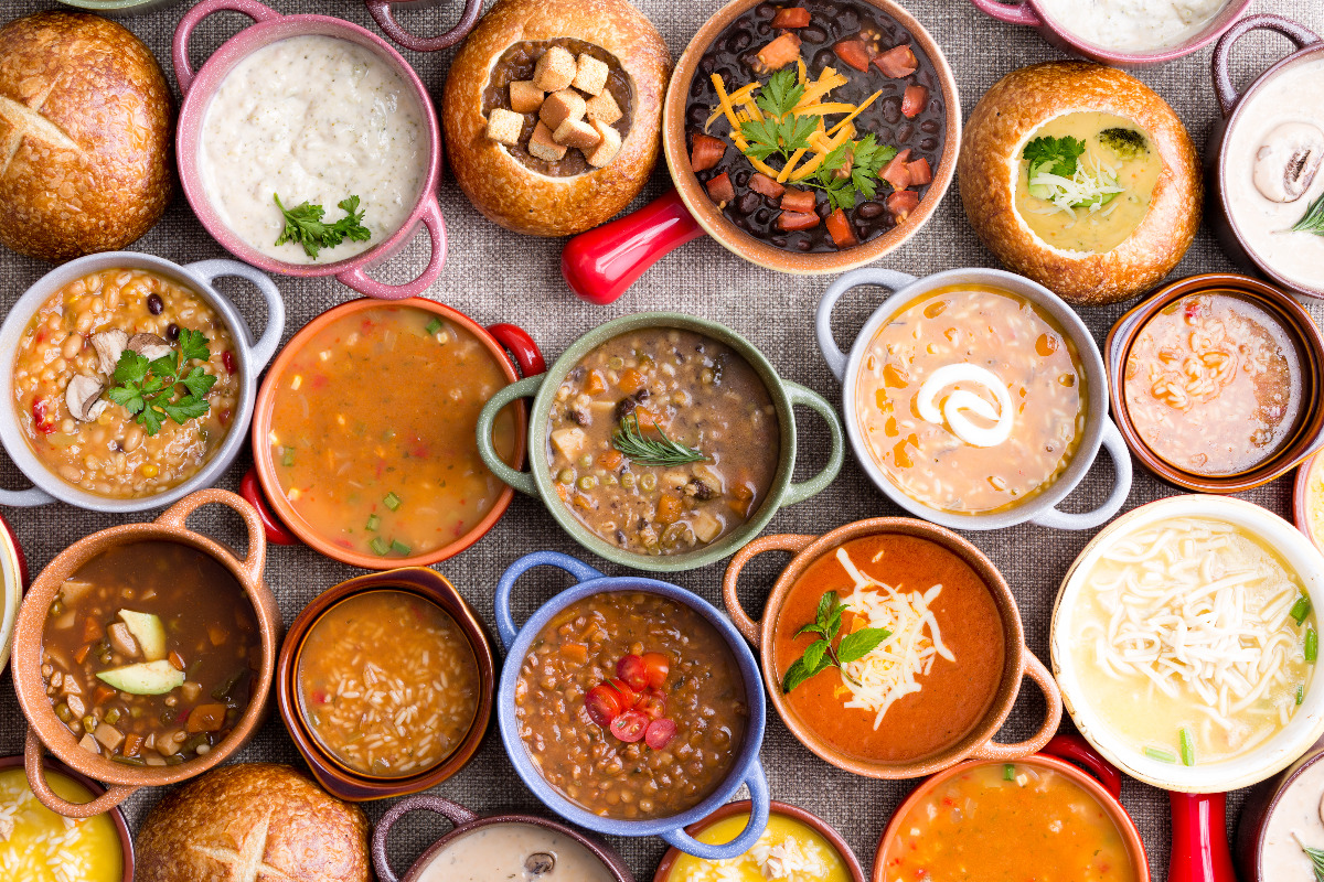 A large selection of various soups and stews.