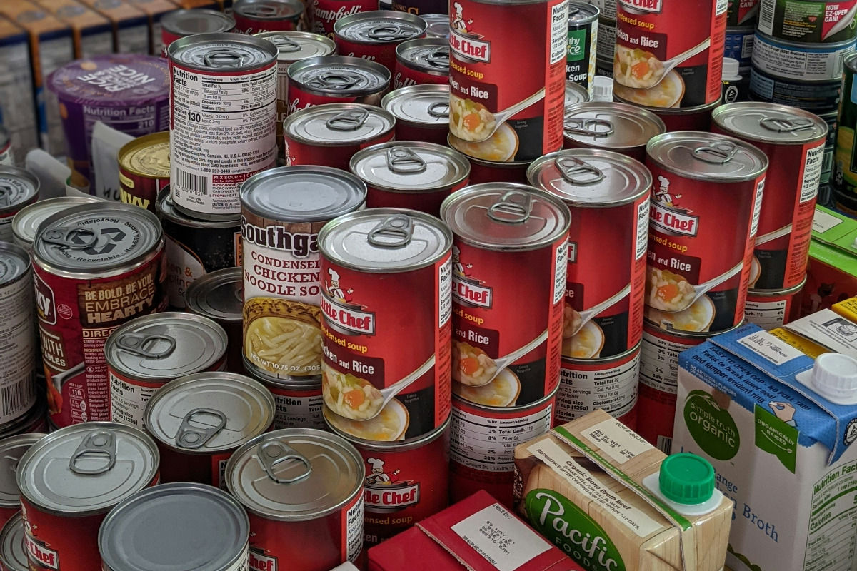 A batch of canned soups at a supermarket.